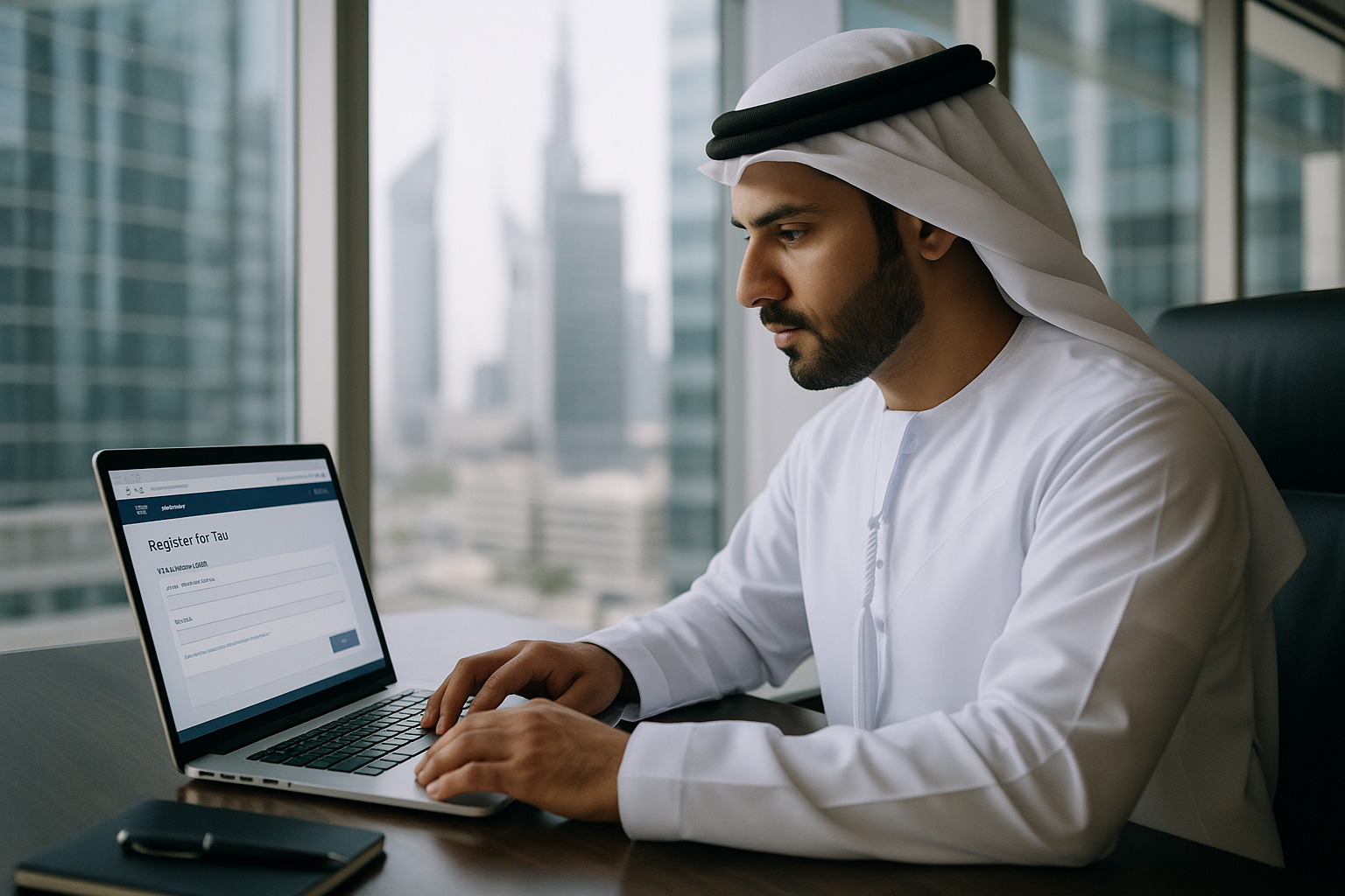 Business professional completing UAE Corporate Tax registration on EmaraTax portal