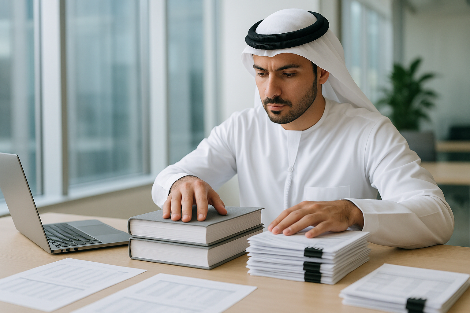 UAE accountant preparing audit file with documents and schedules for external auditor