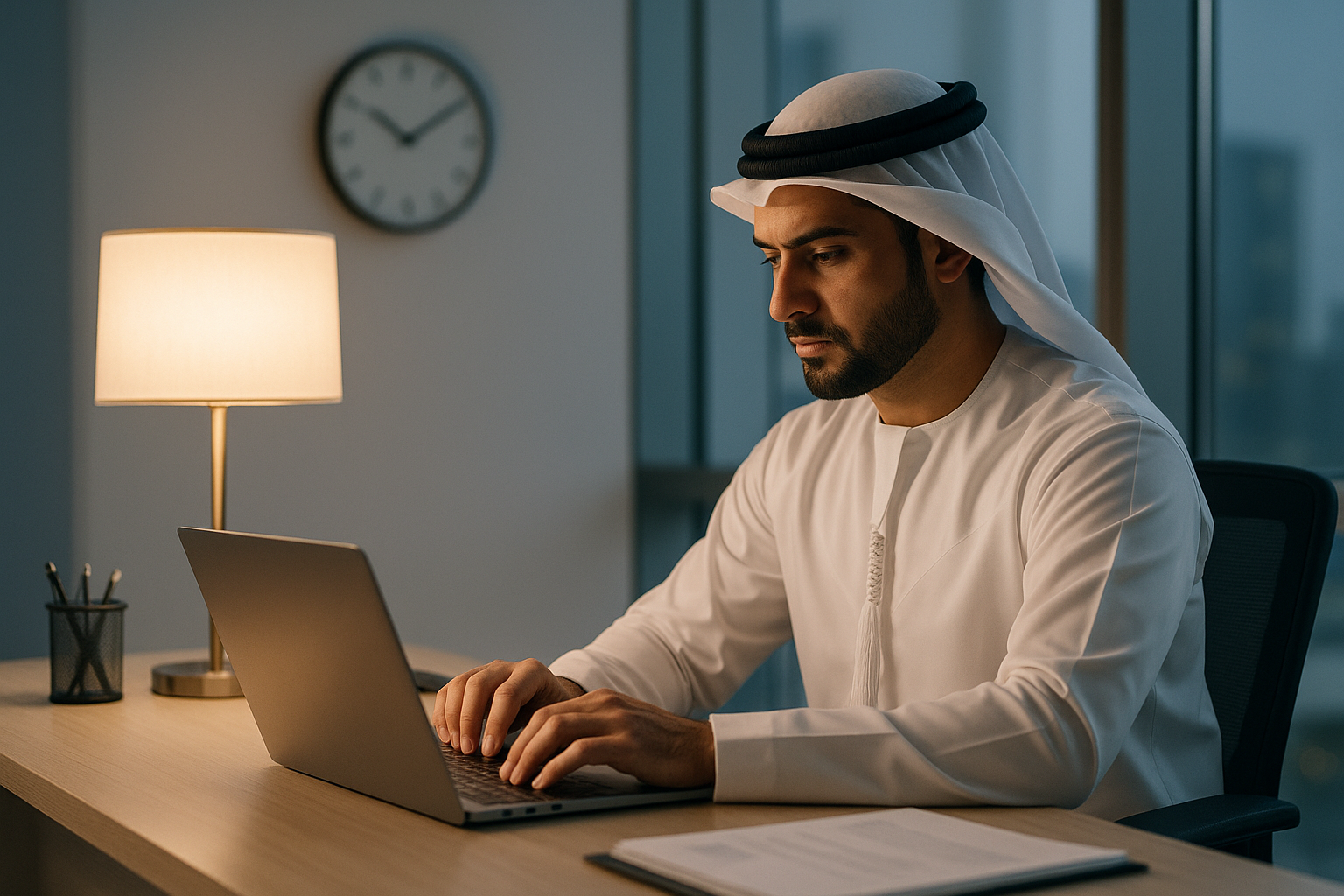UAE employee working overtime — employer calculating overtime pay rates under UAE Labour Law