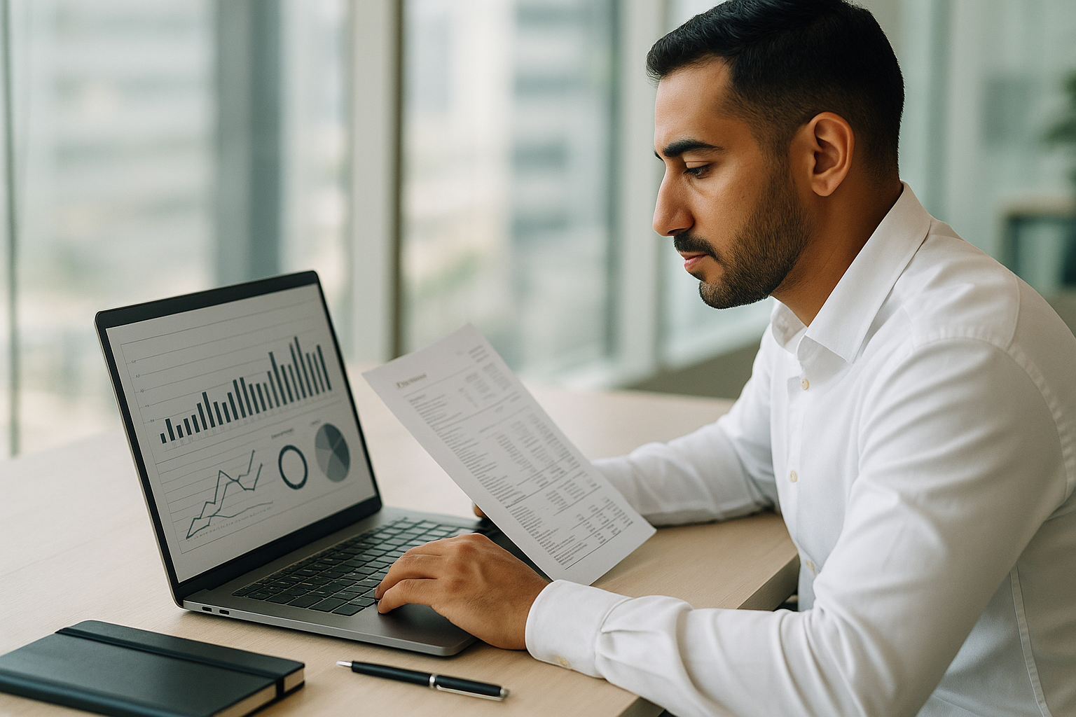 Finance manager reviewing quarterly VAT cash flow projections on a computer