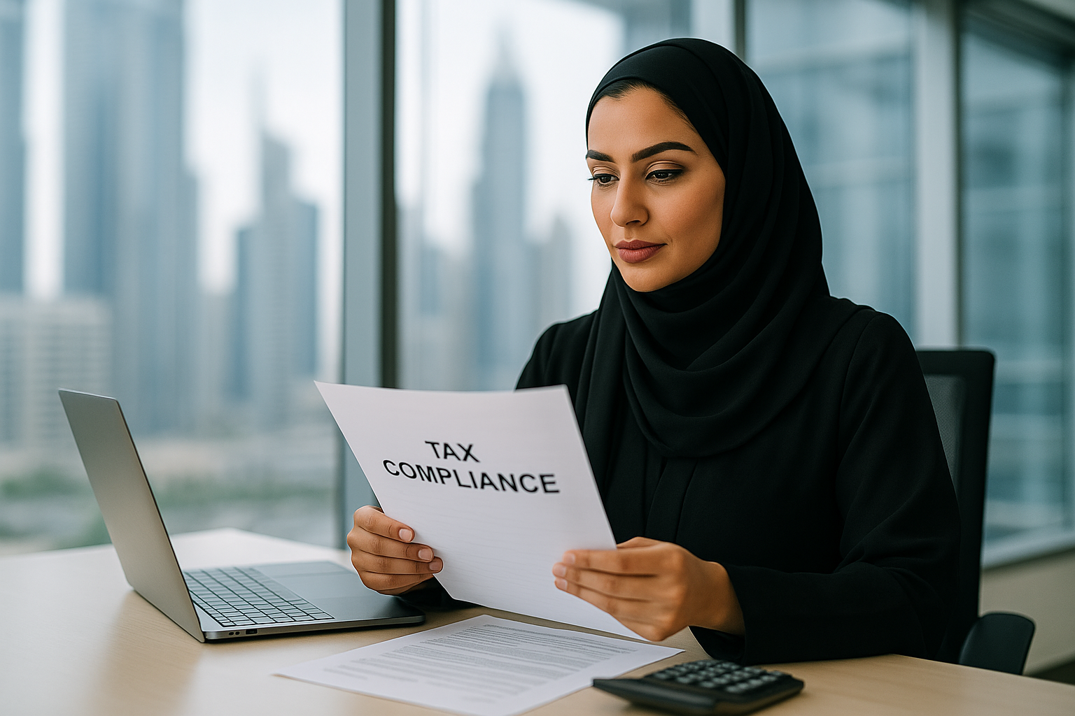 Accountant working through a compliance checklist on a laptop in an office